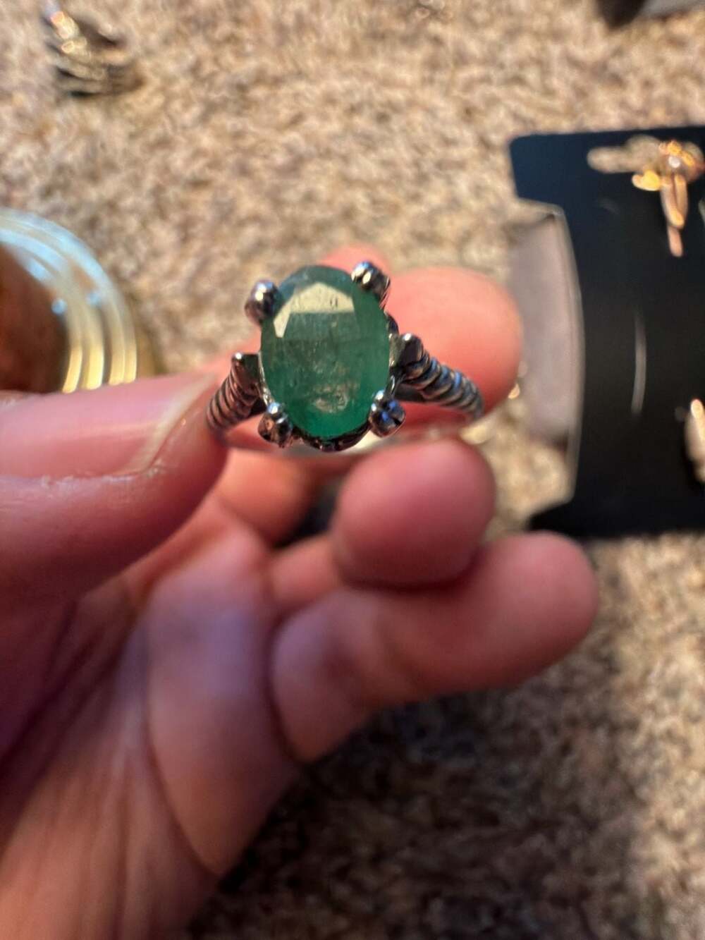 Sterling Silver Oval Green Emerald Solitaire Ring 925